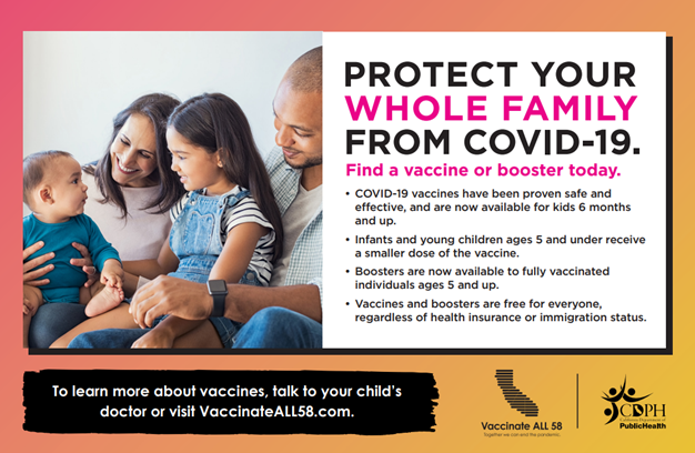 Family pictured with Protect Your Whole Family with COVID-19 Vaccine